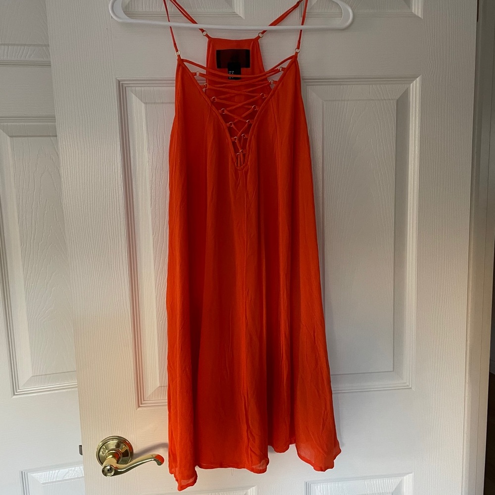 Bright orange flowy lace up h&m dress